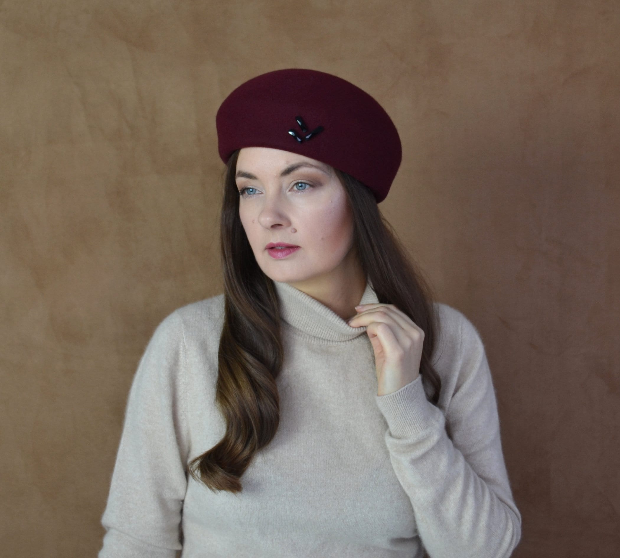 CELINE - Burgundy Beret Hat With Swarovski Beads - Beret - Beret