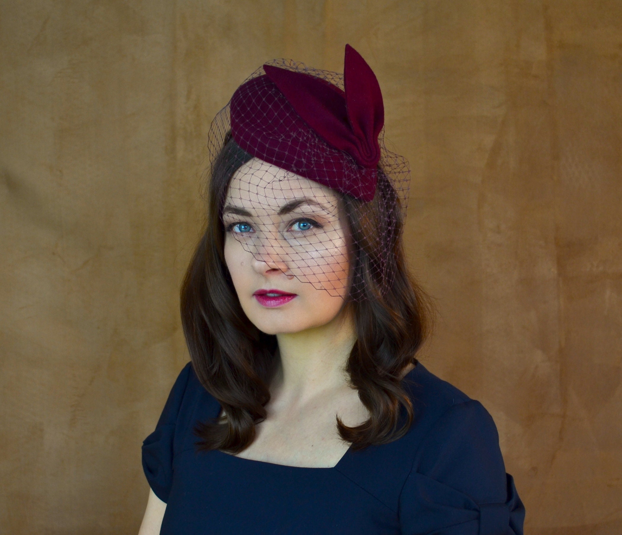 Doeskin Felt Veiled Red Cocktail Hat 100% Wool Vintage Doe Skin Wool Felt Tilt Hat Feather Net Veil Bollman  main image 4