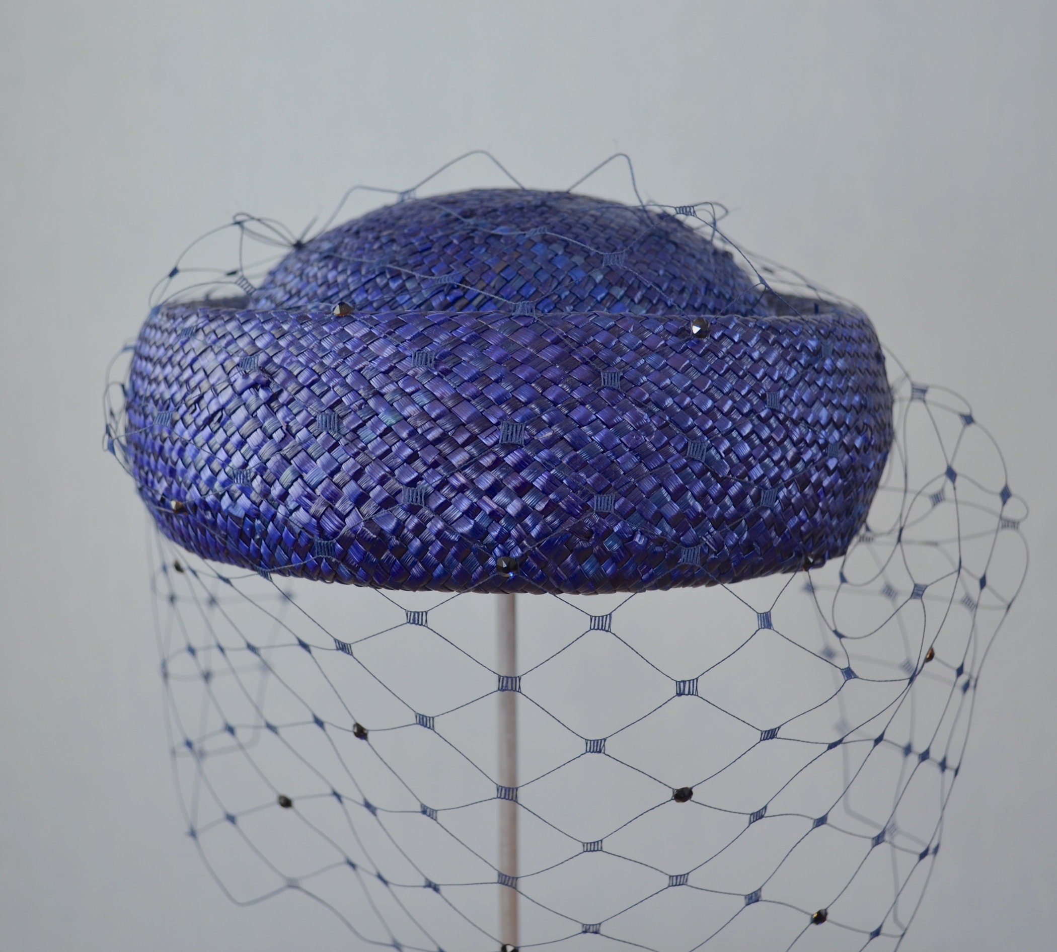 Navy Blue Pillbox Hat Vintage Style Church Wedding Fascinator Floral Mesh Veil Veil Navy Fascinator - Etsy main image 3