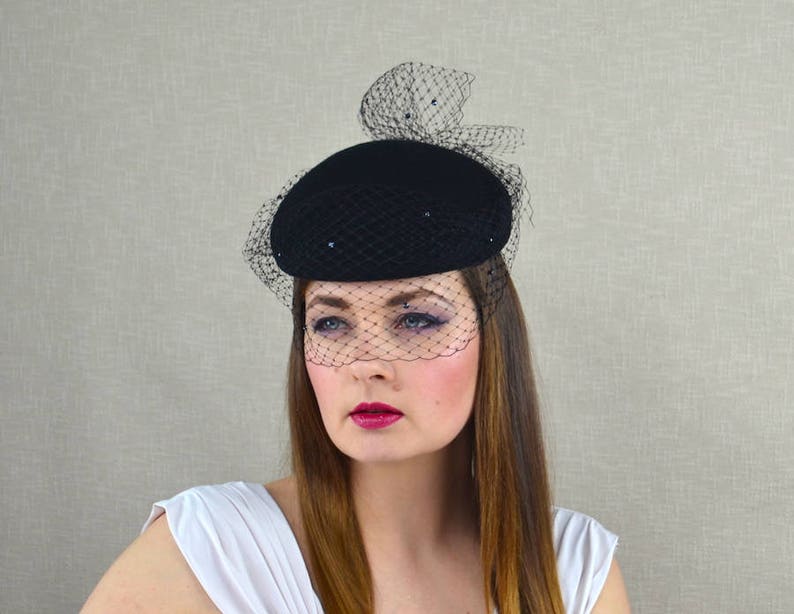Black Pillbox Hat With Birdcage Veil Black Fascinator Etsy