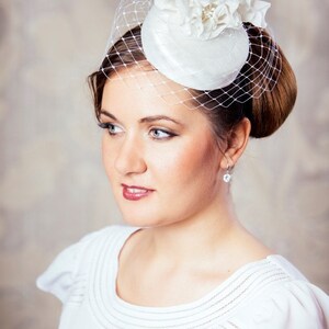 White Bridal Pillbox Hat with Birdcage Veil and Silk Flowers White Bridal Fascinator White Wedding Hat White Birdcage Veil Hat image 4