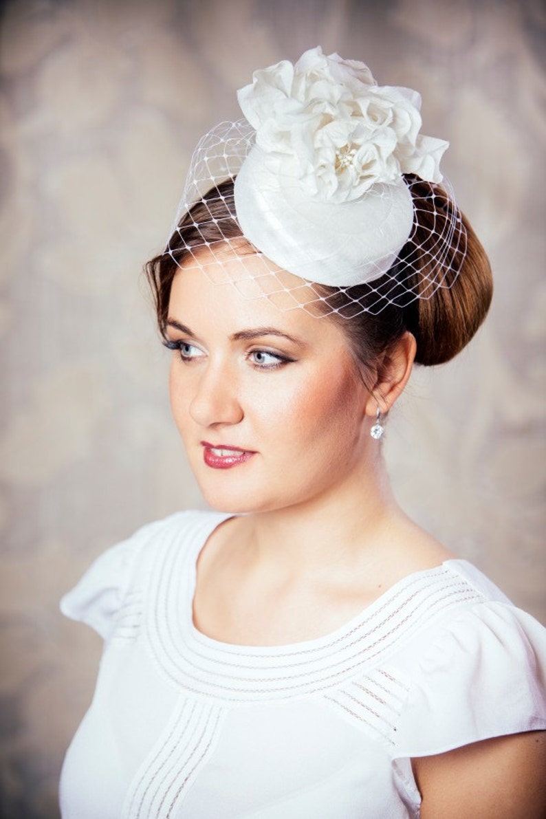 White Bridal Pillbox Hat with Birdcage Veil and Silk Flowers White Bridal Fascinator White Wedding Hat White Birdcage Veil Hat image 4