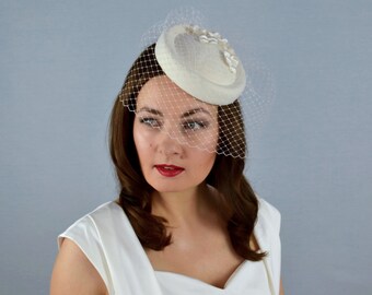 Bridal Pillbox Hat With Birdcage Veil 