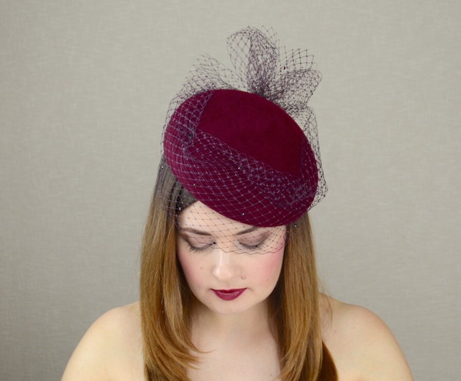 Burgundy Pillbox Hat With Birdcage Veil - Red Wine  display picture 2
