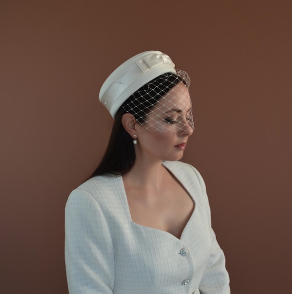 Crepe Silk Bridal Pillbox Hat With Veil - ALENA - White Bridal