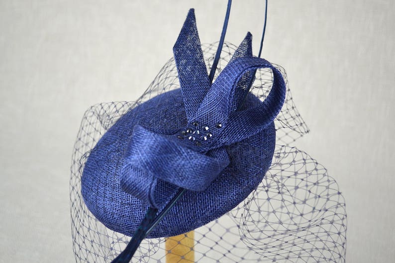 Navy Blue Pillbox Hat With Birdcage Veil and Quills Dark Etsy
