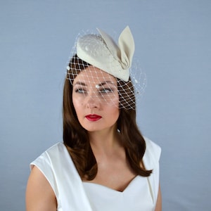 Ivory Felt Bridal Hat with Leaf Detail and Birdcage Veil - Wedding Hat - Bridal Pillbox Hat - Christening Hat - White Cocktail hat