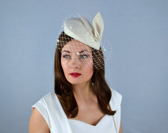 Ivory Felt Bridal Hat with Leaf Detail and Birdcage Veil - Wedding Hat - Bridal Pillbox Hat - Christening Hat - White Cocktail hat