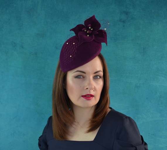 Grape Pillbox Hat with Flower and Veil  - Purple Fascinator - Purple Pillbox Hat - Grape Cocktail Hat - Purple Fascinator Hat