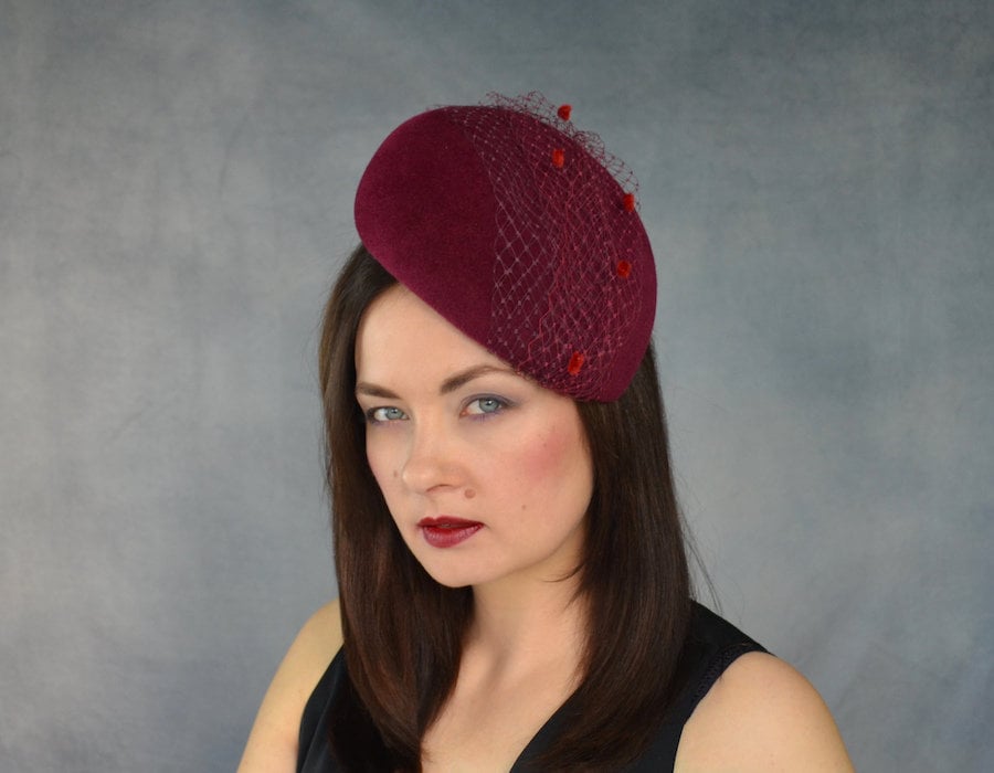 Burgundy Velour Felt Pillbox Hat With Two Tone Birdcage Veil  display picture 2