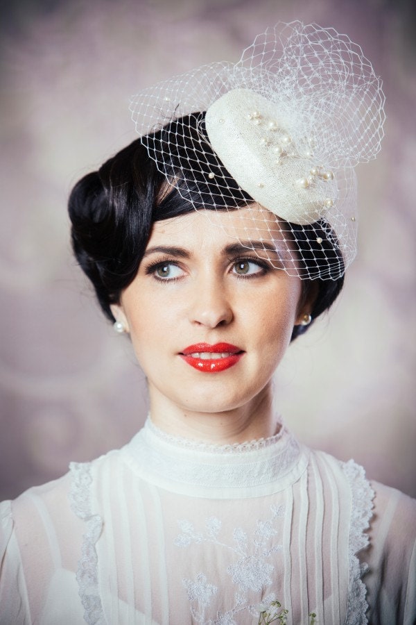 Ivory Bridal Pillbox Hat With Birdcage Veil - Birdcage Veil