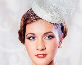 Oscar de la Renta Bridal Birdcage Hat – Ivory/Cream Cream Wedding Hat With Veil - Ivory Kentucky Derby Hat for  main image 3