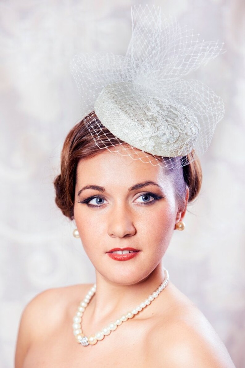 Cream Bridal Pillbox Hat Fascinator With Birdcage Veil Etsy