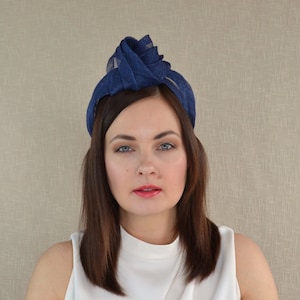 Navy Blue Straw Turban with Birdcage Veil - Blue Turban Headband - Navy Turban with Veil - Navy Fascinator - Removable Birdcage Veil