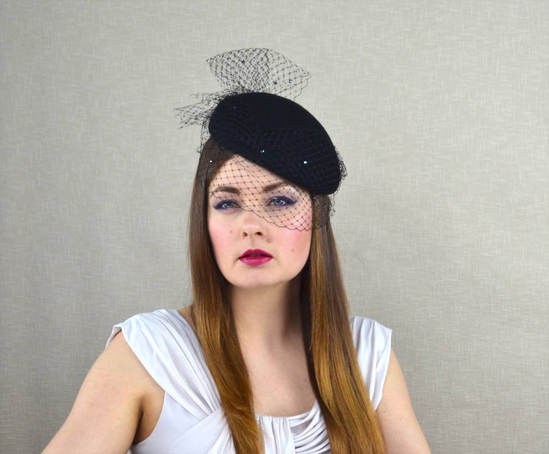 Black Pillbox Hat With Birdcage Veil Black Fascinator Etsy