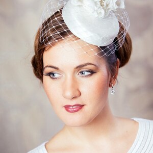 White Bridal Pillbox Hat with Birdcage Veil and Silk Flowers White Bridal Fascinator White Wedding Hat White Birdcage Veil Hat image 3