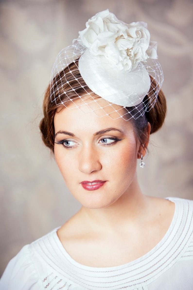 White Bridal Pillbox Hat with Birdcage Veil and Silk Flowers White Bridal Fascinator White Wedding Hat White Birdcage Veil Hat image 3