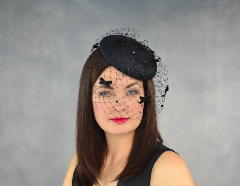 Black Pillbox Hat with Birdcage Veil Black Fascinator with Etsy