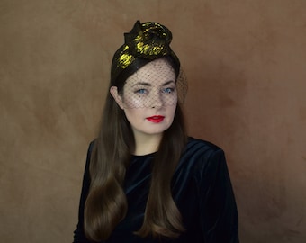 Black and Gold Turban Headband with Removable Birdcage Veil - Gold Turban Headband - Black Headband with Veil - Gold Fascinator