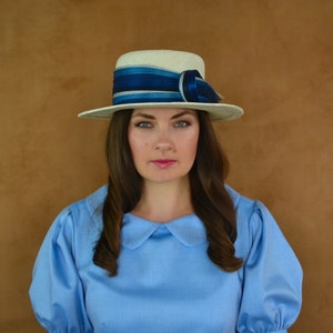 Panama Straw Boater Hat with Blue Striped Ribbon - Straw Boater Hat - Exclusive Summer Hat - Panama Hat - Toquilla Straw Hat - Race Day Hat