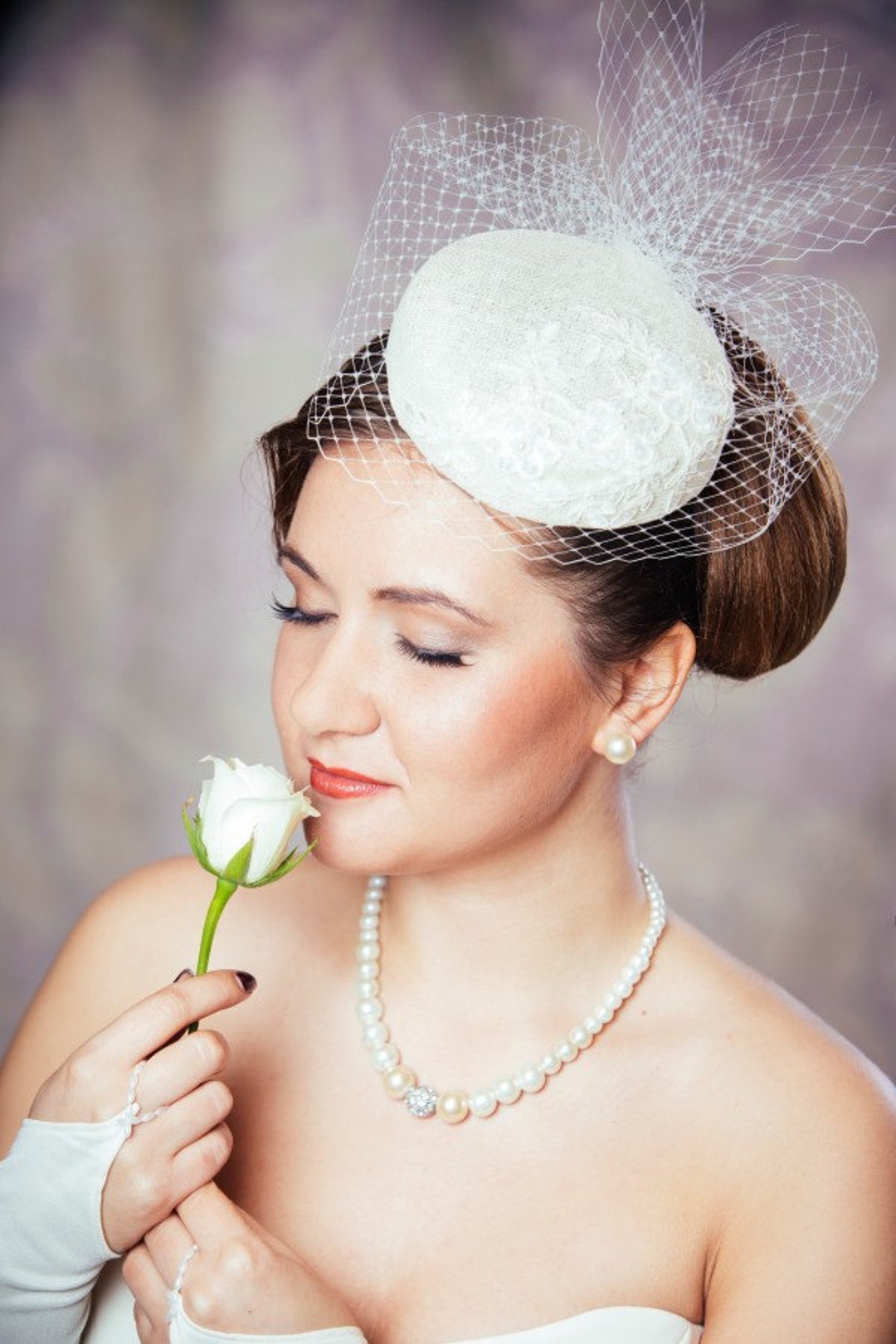 Cream Bridal Pillbox Hat Fascinator With Birdcage Veil