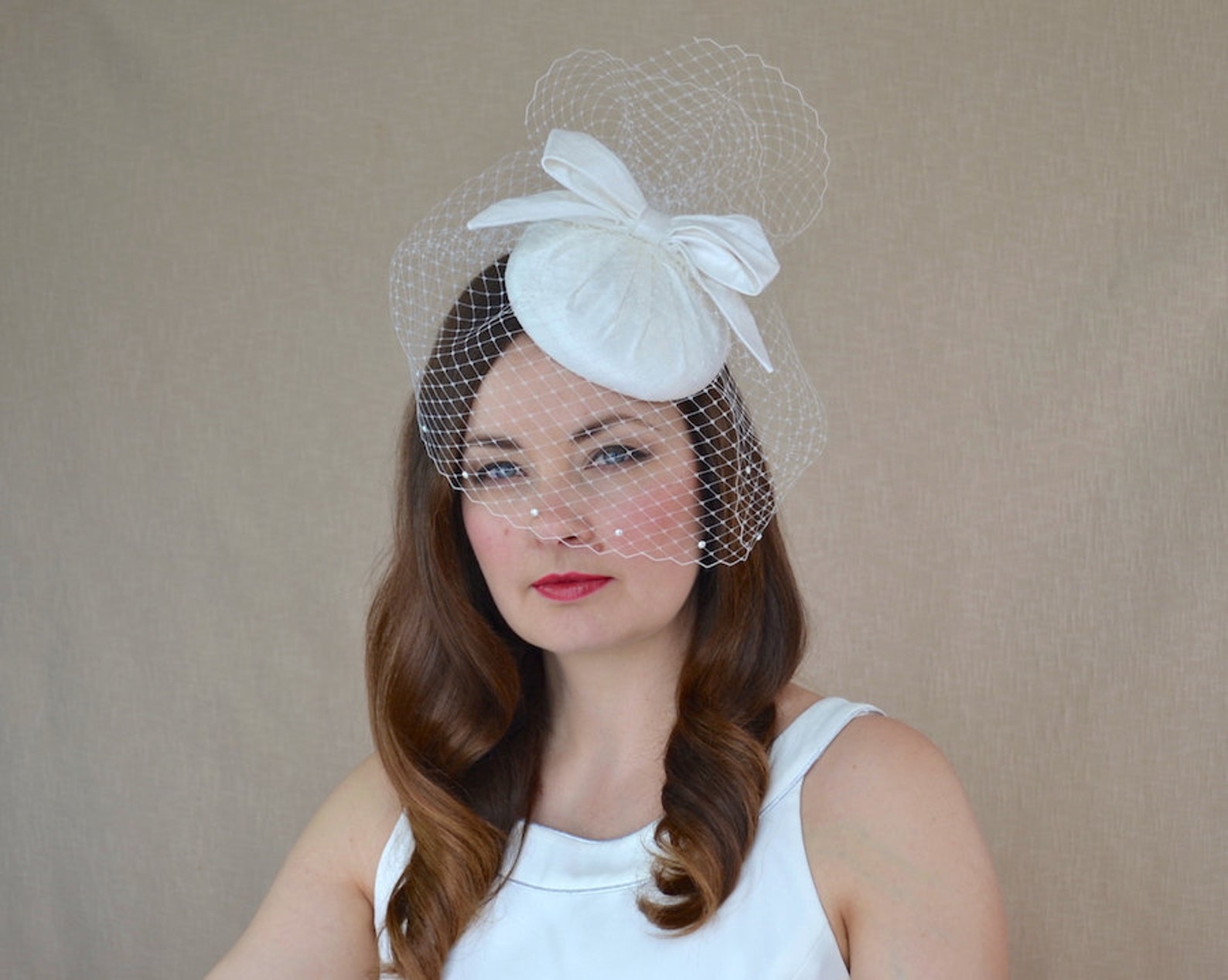 Bridal Pillbox Hat with Birdcage Veil and Bow White Bridal Etsy