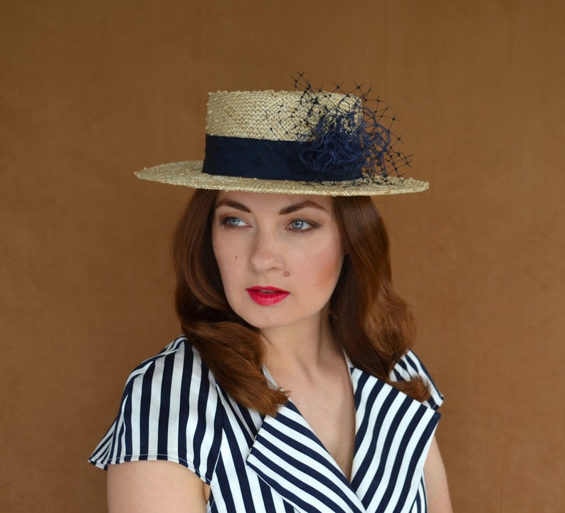 Straw Boater Hat With Navy Ribbon and Pompom Sun Hat Etsy