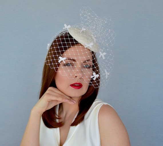 Straw Pillbox Hat with White Veil and Bows Straw pillbox bridal hat with birdcage veil main image 3