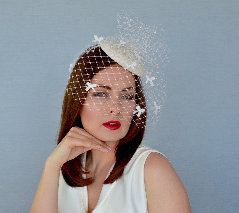 Ivory Straw Pillbox Hat With Birdcage Veil and Mini Bows Etsy