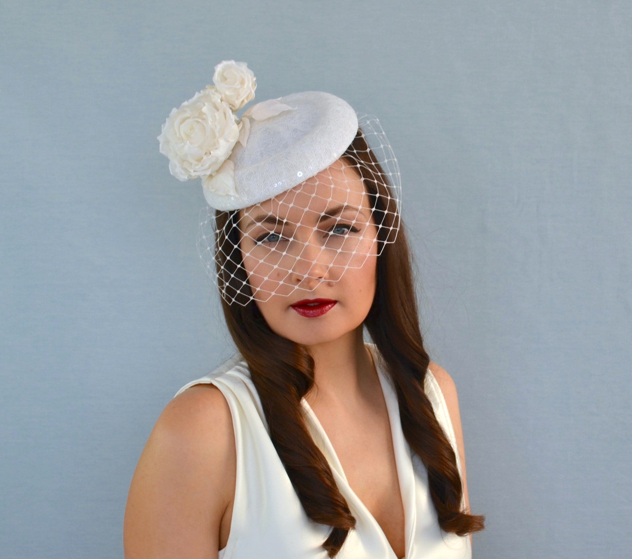 Beloved Millinery Uniquely Fabulous Birdcage Sky Loop Pillbox Fascinator Light Pink Pillbox Hat With Birdcage Veil and Silk Flowers  main image 3