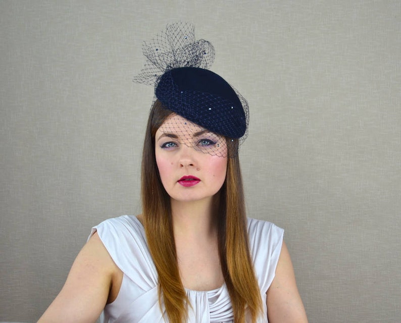 Navy Blue Felt Pillbox Hat With Birdcage Veil Blue Etsy