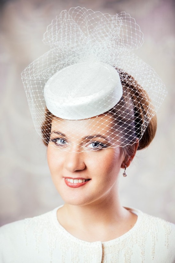 Ivory Bridal Pillbox Hat With Birdcage 