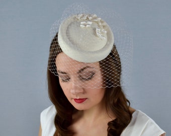 BONNIE - Bridal Pillbox Hat with Birdcage Veil and Velvet Flowers- Wedding Hat - Bridal Hat - Bridal Fascinator - Christening Hat