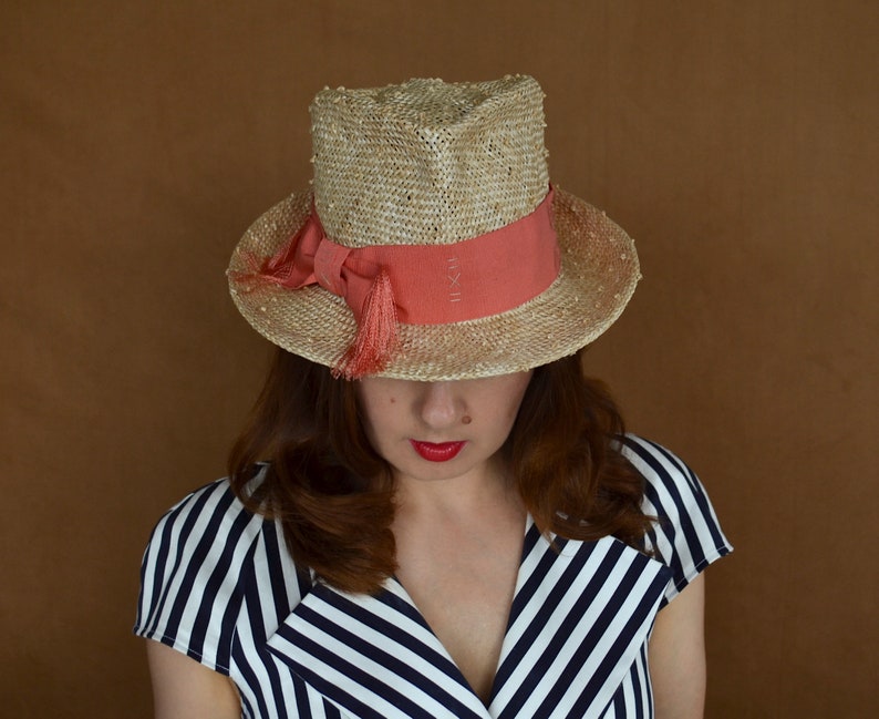 Fedora Hat Summer Hat Kentucky Derby Hat Sun Hat Knot Straw Fedora Hat with Coral Petersham Ribbon Elegant Hat Straw Fedora Hat