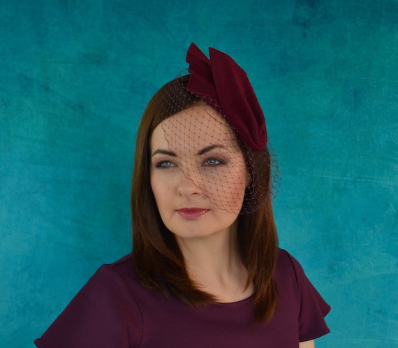 Burgundy Felt Fascinator With Birdcage Veil - Bordeaux 