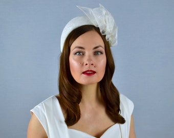 White Straw Bridal Headband  - White Fascinator - White Halo Headband - Wedding Fascinator - Ascot Hat - Christening Hat - White Headband