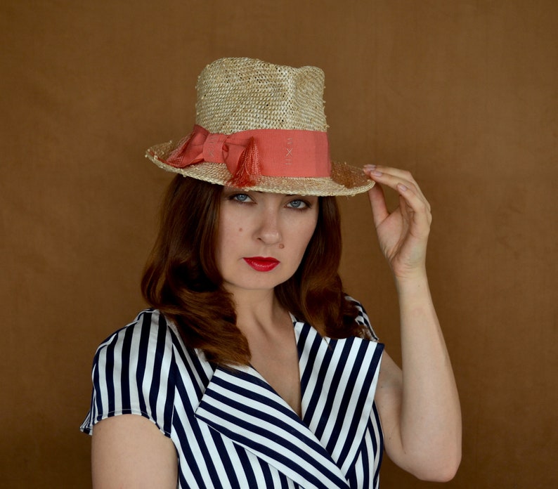 Fedora Hat Summer Hat Kentucky Derby Hat Sun Hat Knot Straw Fedora Hat with Coral Petersham Ribbon Elegant Hat Straw Fedora Hat