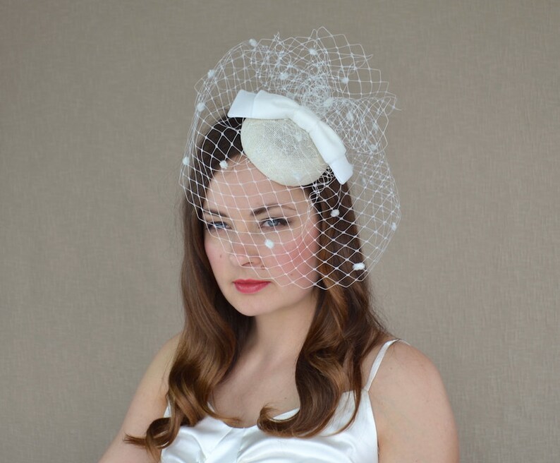 Cream Pillbox Hat with Birdcage Veil and Velvet Bow Ivory Etsy