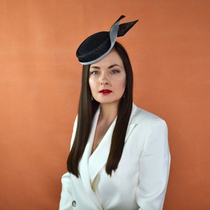 ESTRELLA – Black and Silver Pillbox Hat with Hand-shaped Brim - Black Fascinator - Black Cocktail Hat - Black Fascinator Hat - Black Hat