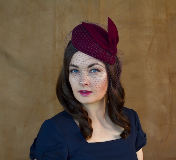 Burgundy Wool Felt Pillbox Hat With 
