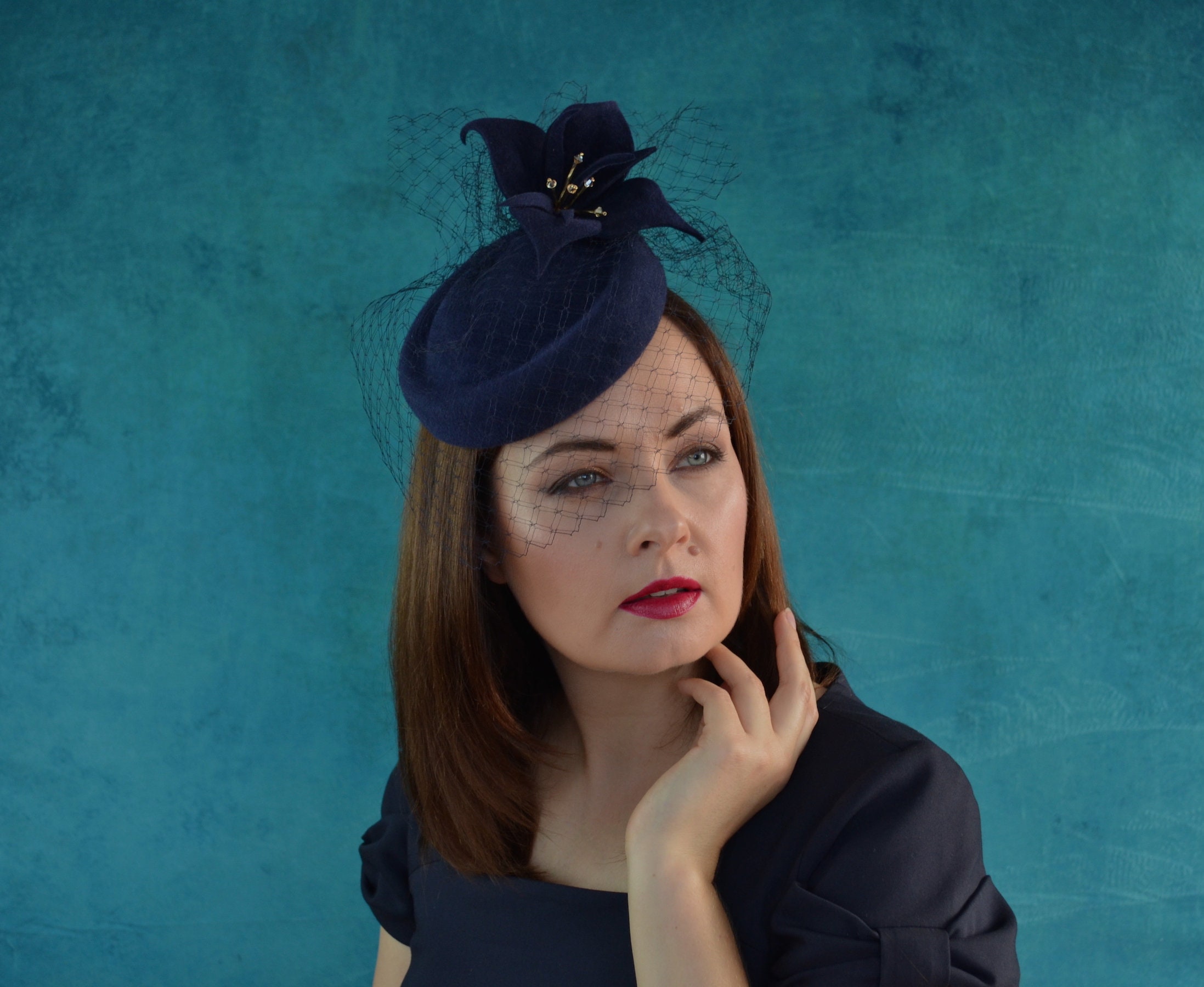 Navy Blue Pillbox Hat With Flower and Vintage Veil Navy Blue Etsy