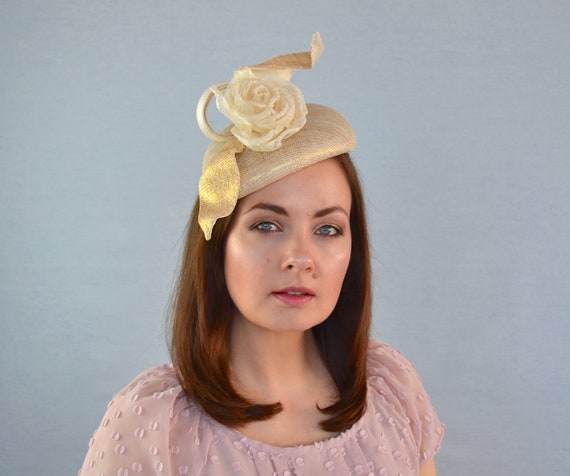 Ivory and Gold Cocktail Hat With Rose - Ivory Pillbox Hat  display picture 2