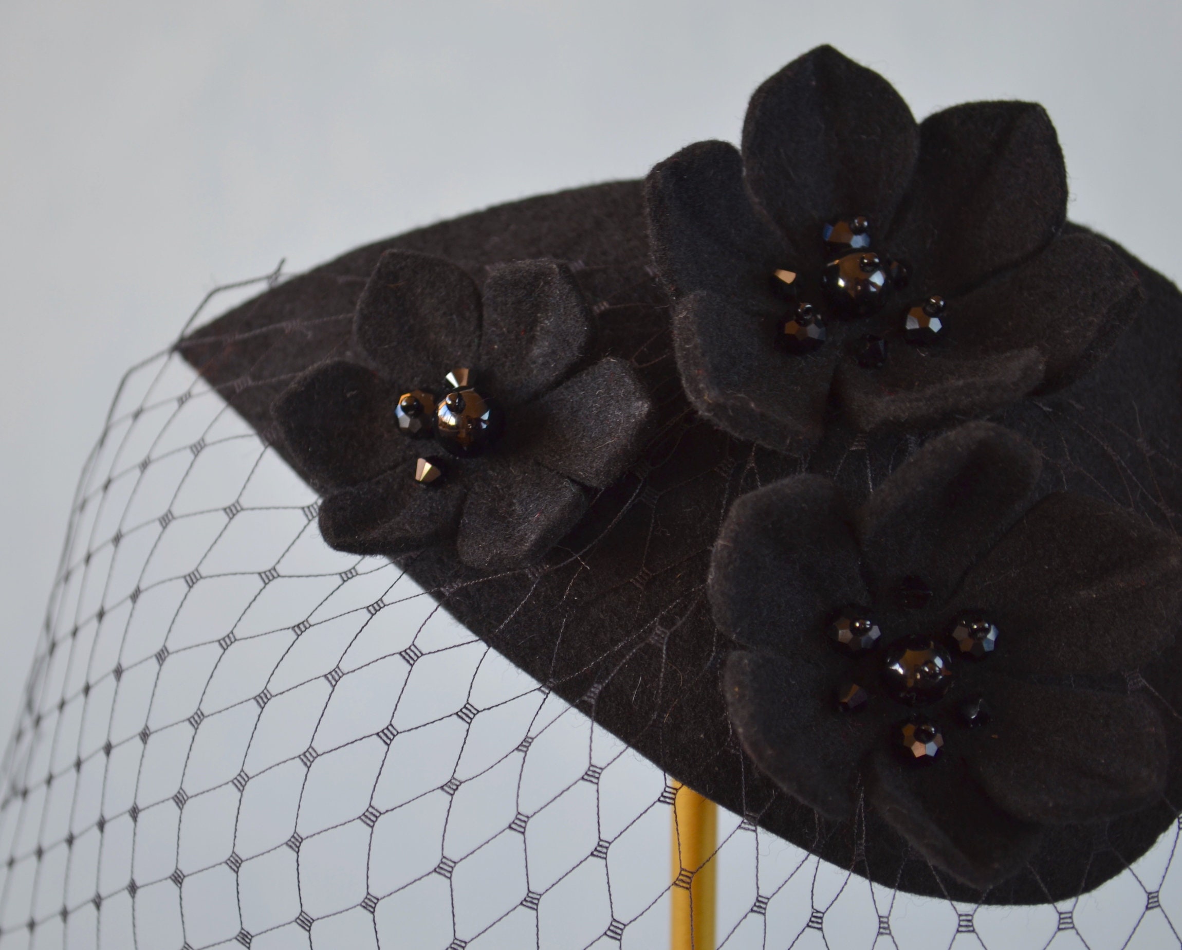 Ashro, Black, Floral, Fascinator, Birdcage Veil, Made In The USA, Polyester Black Fascinator With Birdcage Veil - Black Birdcage Veil  main image 2