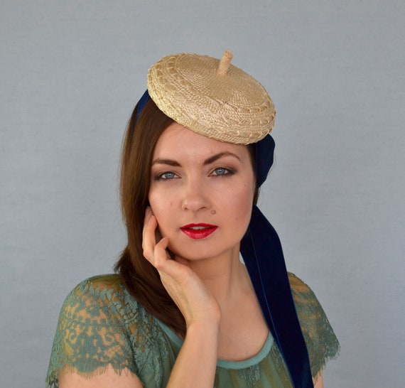 Straw Beret Hat With Velvet Ribbons 