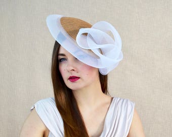 MANUELA - Gold Occasion Hat with White Crinoline Swirl Detail - Gold and White Hat - Mother of the Bride Hat - Ascot Hat - Ladies Day Hat