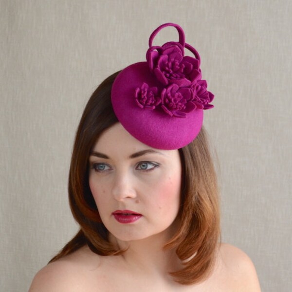 Pink Pillbox Hat with Felt Flowers - Hot Pink Hat - Magenta Cocktail hat - Pink Fascinator