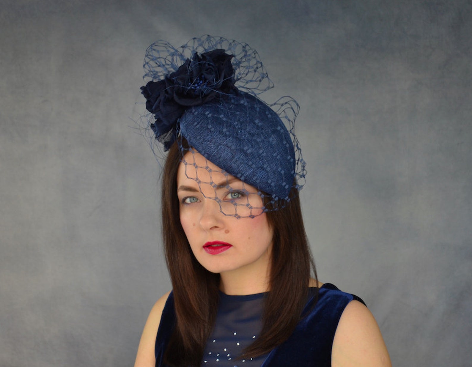 Navy Blue Pillbox Hat With Birdcage Veil and Silk Flowers Etsy
