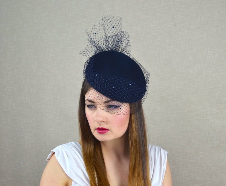 Navy Blue Felt Pillbox Hat With Birdcage Veil Blue Etsy