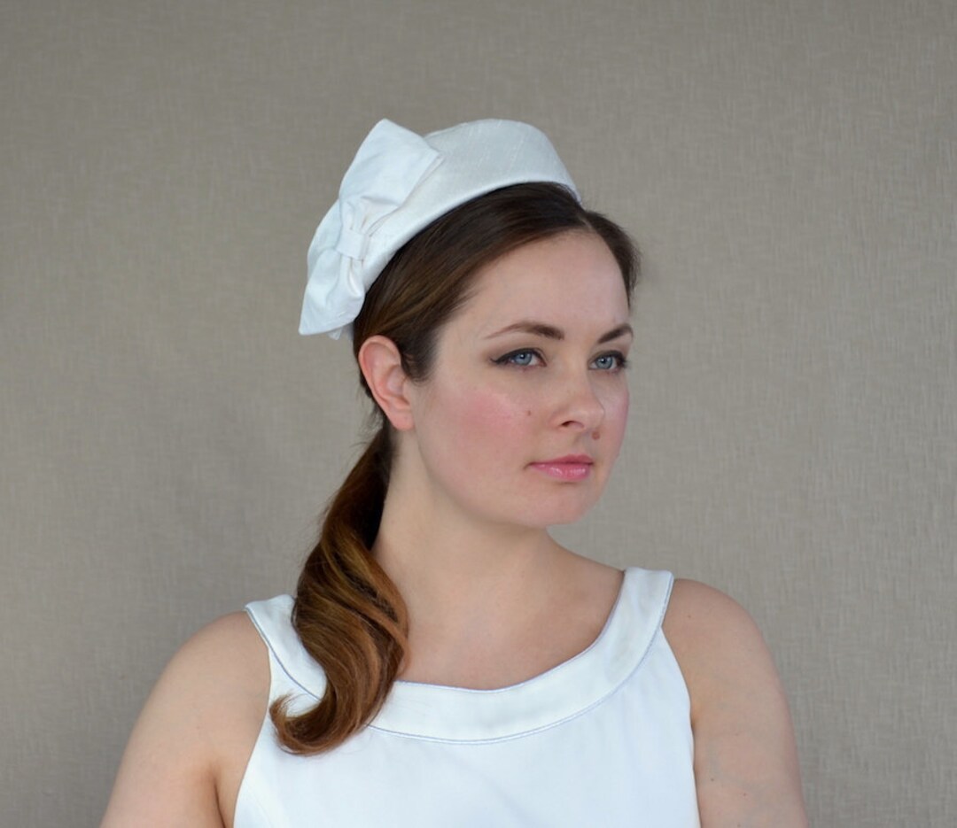 Ivory Silk Bridal Pillbox Hat With Bow White Bridal Fascinator Ivory