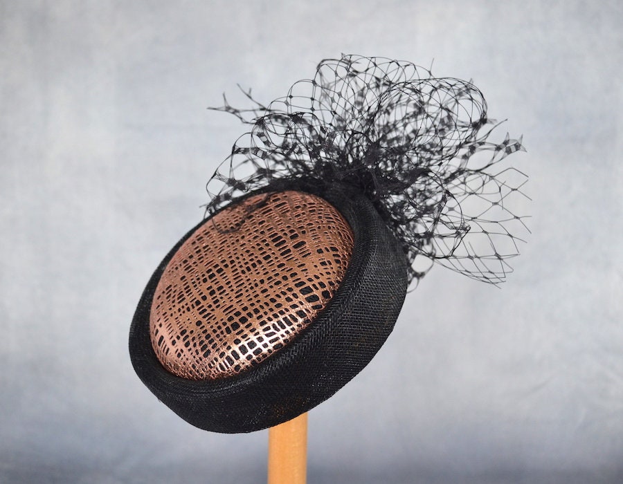 Black Pillbox Hat with Rose Gold Leather Lace and Birdcage Etsy